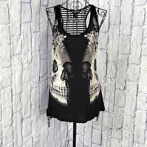 HOT TOPIC Sleeveless Black and White Striped Two Skulls Graphic‎ Blouse S/M